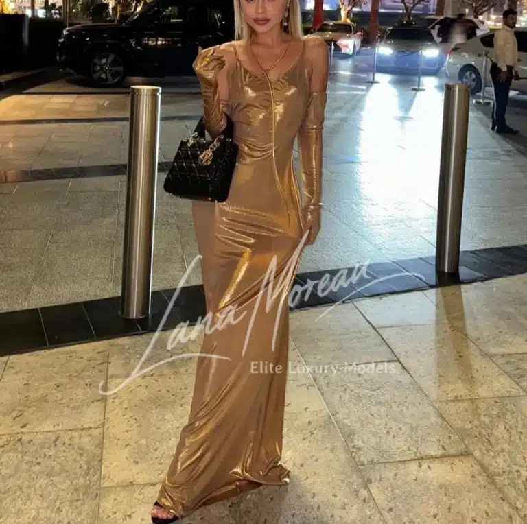 Golden goddess in evening gown