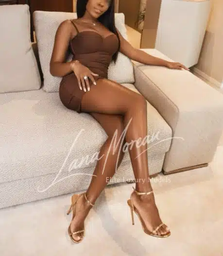 Elegant companion london sitting on sofa